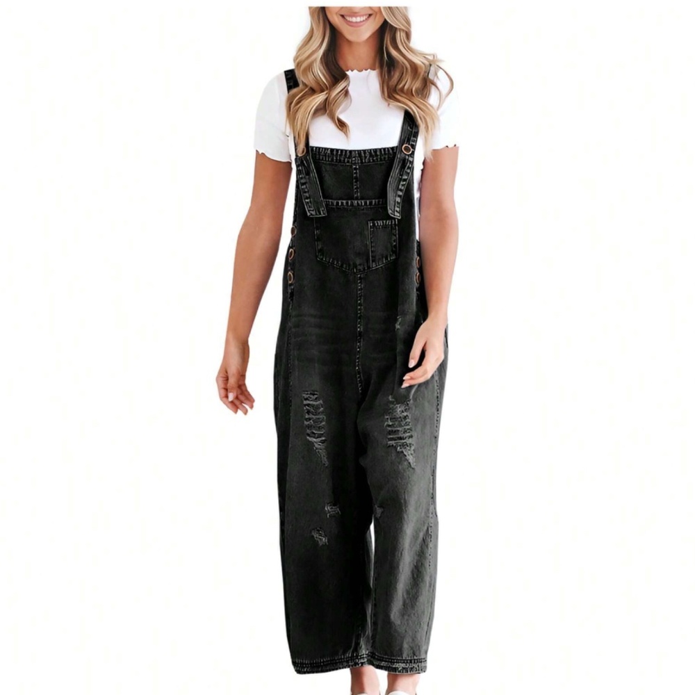 Dark Blue Distressed Wide Leg Adjustable Strap Denim Jean Overalls - Picture 8 of 9